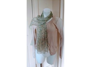 Pretty Off White Light Cotton And Silk Marc Jacobs Button Down Sweater With Green Floral Scarf