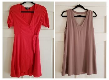 2 Dresses, Tomato Red Lulus Wrap Dress And Taupe Etiquette A-line Dress With Pockets