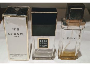 3 Perfume Bottles,  Chanel #5 And Coco Chanel And 1 Tiffany