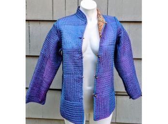Vintage Iridescent And Reversible Purple  Blue/Orange, Quilted, Asian Style Jacket With Strap/Brass Buttons