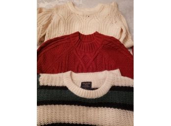 3 Abercrombie And Fitch Wool Cable Knit, Winter Sweaters, Cream, Green Stripe And Red