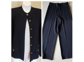 St. John Knit Cream Tank Top And Navy Blue Jacket And Pants Suit