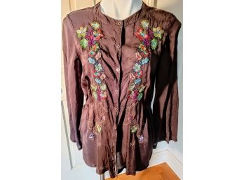 Vintage Brown Silk With Embroidered Floral Design By Johnny Was  Size M
