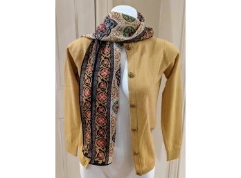 Button Down Mustard Colored Cashmere Sweater From Scotland Paired With Talbots Silk Scarf