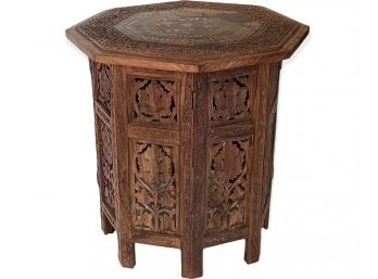 Vintage Hand Carved Octagonal Tea Table With Marquetry Inlay Top From India