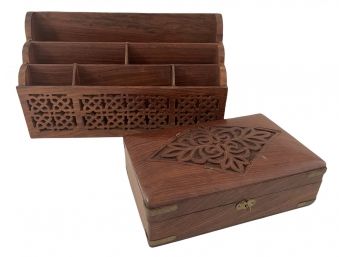 Vintage Carved Wood Desk Set  - Letter Holder And Box