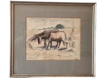 Vintage Watercolor 'Horses' By David Haendler 20' X 18'