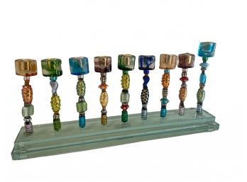Modern Glass Chanukah Menorah With Murano Style Beads