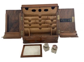 Antique Victorian Walnut English Writing Box  /  Travel Desk