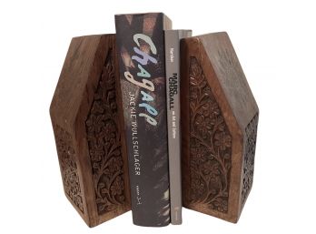 Vintage Carved Wood Bookends With Marquetry Inlay