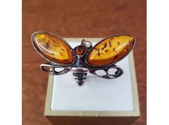 Sterling Silver Amber Butterfly Ring Sz 6