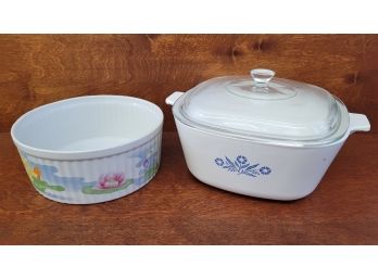 Vintage Corning Ware Casserole Dish With Lid & Seymour Mann Water Iily Design Casserole Dish