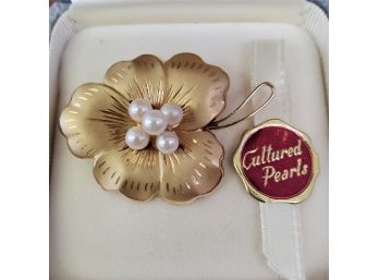 Beautiful Vintage 14k Gold And Pearl Floral Brooch/ Pin