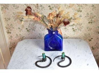 Blenko Handmade Blue Glass Double Spouted Pitcher And 2 Wrought Iron Candlestick Holders, 6.5' X 8.5' X 2'