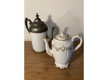 Limoges And Pewter Enamel Coffee Pots