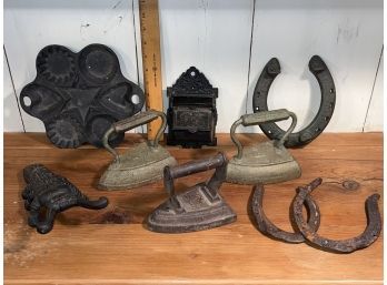 Cast Iron Collection, Match Holder, Boot Pull, Baking Mold, 3 Irons And 3 Horse Shoes For Good Luck.