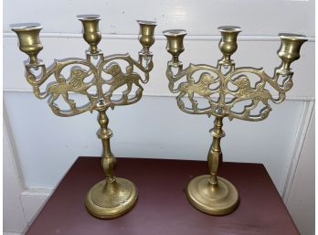 Pair Of Etched Brass Candle Stick Holders