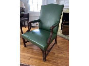 Green Lounge Chair With Beautifully Carved Wood 27x26x15' Seat 39' Back