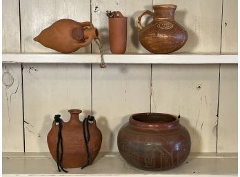 5 Pieces Of Various Styles Of Hand Made Pottery, Two Being  Old Water Vessels AKA Water Bottles