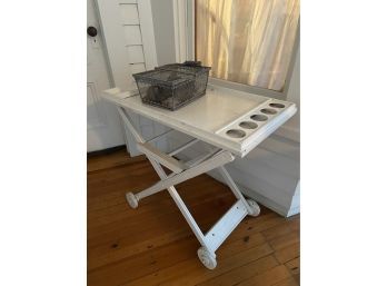 White Rolling Drink Cart 32x18x29 With Metal  Mesh Basket