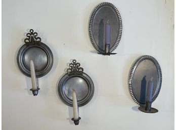 4 Candle Sconces And Candles, Two Are Pewter With Brass Accents, Two Are Of Tin.  11x6