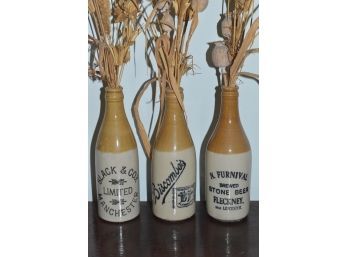 3 Stoneware Beer Bottles, Biscombe's, N. Furnival Stone Beer, Slack & Cox Limited Manchester, At  8'x2.5'