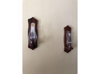 Pair Of Cherry Wood Candle Sconces Wood With Glass 4x16 One Broken Glass