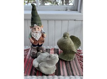 18' Garden Gnome, Calling Dove And A Frog.