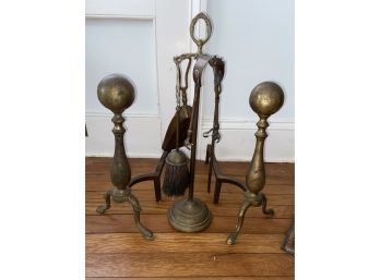 Brass Andirons 8x15' And Fireplace Tools 20' Stand