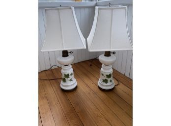 Milk Glass Lamps With Hand Painted Ivy 6x28 - Needs Rewiring!!!