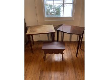 Two Wood Side Table And A Step Stool With A Drawer