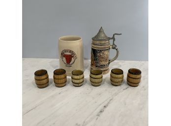 Vintage Beer Steins (2) And Barrel Shot Glasses (6)