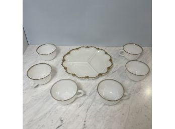 Gold Trimmed Milk Glass Mugs (6) And Tray - Anchor Hocking Fire King