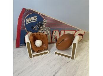 Vintage Sport Bookends And Giants Pennants