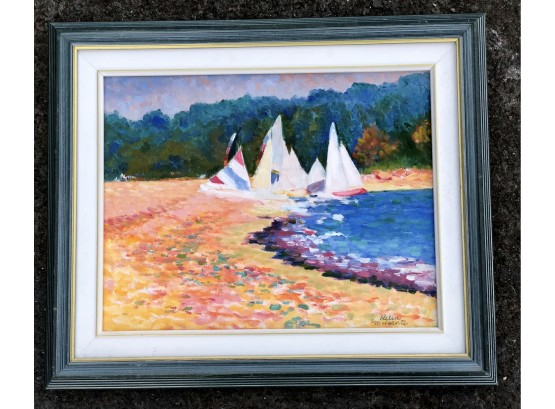 Original Oil On Canvas Landscape/Seascape With Sailboats By Helen Musante