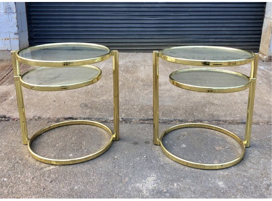 Pair Of Mid Century Modern Milo Baughman Style Metal And Glass Swivel End Tables