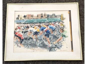 Original Jean Fitzgerald Watercolor Signed And Titled Verona Bike Race