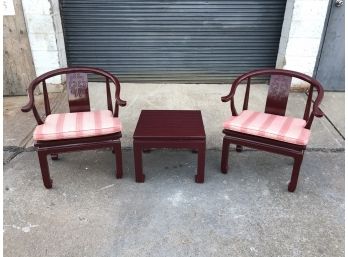 Mid Century Burgundy Lacquered Chairs And Side Table, James Mont Style, Century Furniture