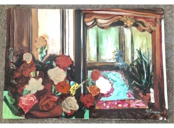 Mid Century Modern Mixed Media Abstract Still Life Painting Signed G. Cooper