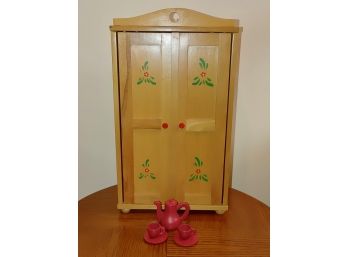 Doll Closet / Armoire / Wardrobe With Pink Tea Pot & Cups
