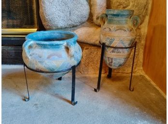 Southwestern Decorated Pottery Vessels On Iron Stands (2)