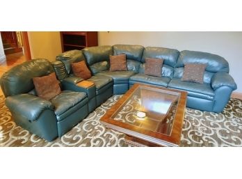 Green Leather Sleeper Sectional Sofa With Dual Recliners And Storage