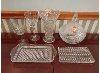 Pressed Glass Lot - Vase, Trays, Covered Bowl, Misc Wines