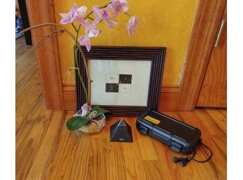 Misc Household Lot - Clock, Frame, Faux Orchid, Cigar Caddy