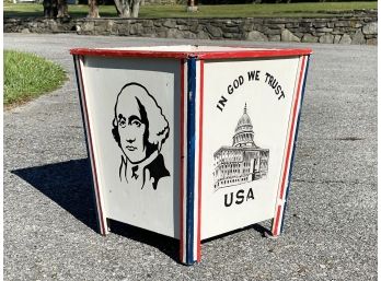 A Vintage Metal Patriotic Themed Wastebasket