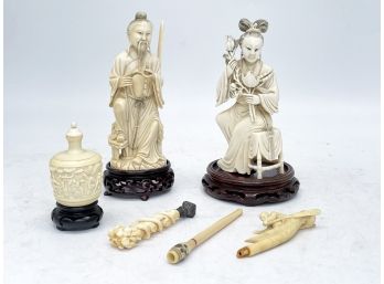 Antique Ivory-Toned Carvings - Statues, Cigarette Holders, And More