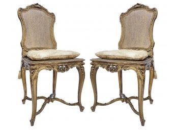 A Pair Of 19th Century Louis XV Wilt Wood Fauteuils, Caned Seats