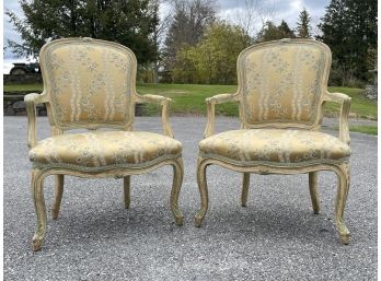 A Pair Of Early 20th Century Louis XVI Upholstered Fauteuils In Fine Silk