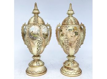 A Stunning Pair Of Parcel Gilt Royal Worcester Lidded Urns