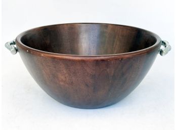 A Carved Mahogany Salad Bowl With Polished Silver Alloy Handles By Atticus